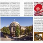 Texte: Informationen zur Baugeschichte und Architektur des Hauptgebäudes in Saporischschja. Aktuell Museum.

Illustration: Seitenansicht eines historischen Gebäudes mit Kuppeldach und Bäumen davor. Oben rechts Deckenornament. Unten rechts schmiedeeisernes Treppengeländer.