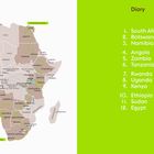 "Diary" Liste: 1. Südafrika (15. März–14. April 2022), 2. Botswana (14.–28. April 2022), usw. Links: Afrikakarte.

