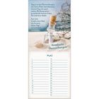 Text: "Sag ja zu den Überraschungen... Lass dem himmlischen Vater... Mai". Kalender mit Muschel und Flasche im Sand.