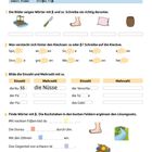 "Wörter mit ss und ß" mit Beispielen: essen, Kasse, Straße, Fuß. Aufgaben zu Einzahl/Mehrzahl, Wörter ergänzen mit ss oder ß.