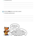 Schritte zur Bildbeschreibung mit Fragen und Schreiblinien. Unten spricht ein Hund in einer Illustration.