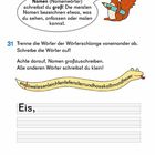 Großschreibung von Nomen. Trenne Wörter wie Eis, Löwe, lesen. Illustration: Eichhörnchen mit Bleistift, Wörter-Schlange.