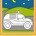 Text: "Die Polizei gibt auf uns acht und jagt die Diebe Tag und Nacht." Illustration: Polizeiwagen auf Straße, Sterne, Mond.