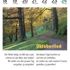 Oktober 18-24. Gedicht "Oktoberlied" von Theodor Storm. Herbstliche Szene mit Bäumen, gelbem Laub und einem Pfad.