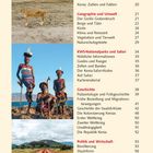 Inhaltsübersicht mit Fotos: Safari-Autos und Löwe, traditionell gekleidete Menschen, rote Straße in hügeliger Landschaft.