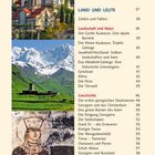 Inhaltsverzeichnis mit Themen wie "LAND UND LEUTE", "Landschaft und Natur", "Geschichte", "Wirtschaft und Politik". Fotos von Gebäuden, Bergen und Ikonenmalerei.