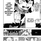 Eine Manga-Seite mit kämpferischen und überraschten Charakteren. Dialoge zeigen Entschlossenheit und Verwirrung.