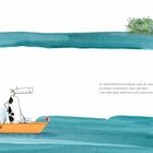 „Du verschouffsch dys ganze Land, aui dyni Läde u Fabrigge.“ Ein orangefarbenes Boot mit Kuhkapitän im Meer, Insel im Hintergrund.