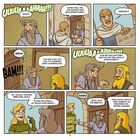 Comic über eine aufregende Begegnung mit Dialogen über eine gesuchte Person und einem kämpferischen Moment.