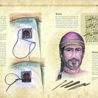 Links oben steht "Patching", rechts "Tufts" und unten "Nålebinding". Zeichnungen verdeutlichen Nähtechniken und Werkzeuge.