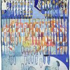 Es gibt keinen Text. Das Gemälde zeigt Flaschen in Reihen und eine Figur, die sich auf dem Boden ausruht, alles in Blautönen.