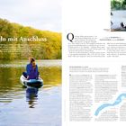 **Paddeln mit Anschluss**: Ein Text beschreibt SUP-Touren durch Landschaften, die mit Bus und Bahn erreichbar sind. Eine Frau sitzt auf einem SUP-Board in einem See, umgeben von Bäumen. Unten rechts eine kleine Karte mit einer Route.