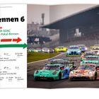 "Rennen 6, KW 6h ADAC Ruhr-Pokal-Rennen. Highlight: Autos rasen auf Rennstrecke, Bild teils von Startaufstellung."