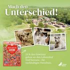 "Mach den Unterschied! Alles, was ich liebe. 25 % des Gewinns gehen an den Lebenshof Dorf Sentana für nachhaltigen Tierschutz." Bilder von Tieren und einem Dorf, Cover eines Buches und ein Logo unten rechts.