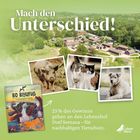 Texte: "Mach den Unterschied!", "25% des Gewinns gehen an den Lebenshof Dorf Sentana – für nachhaltigen Tierschutz."

Ein Comic-Cover zeigt Tiere. Fotos von einem Schwein, Katzen und einem Hund, darüber eine ländliche Szenerie. 