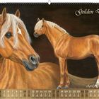 "Golden Dancer", April Kalender. Zwei goldene Pferde, eines im Vordergrund, das andere seitlich stehend.