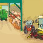 Illustration: Zwei animierte Traktoren mit Gesichtern, Kühe im Stall, grüne Natur außen, Spinne im Netz oben rechts.