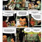 Eine bunte Comicseite zeigt Kinder bei einem Gespräch in einem Zeltlager mit einem Krankenbett, Flaschen und einem Erste-Hilfe-Zelt.