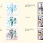Oben links: Schrittskizzen und Anweisungen zur Erstellung einer Illustration in mehreren Ebenen. Oben rechts: Finale bunte Illustration.
