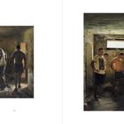 Seite 48. Zwei Gemälde zeigen Männer in einem dunklen, groben Raum, teils in Sportkleidung.