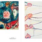 Links: Drei expressionistische Porträts. Rechts: Hände ziehen an Seilen, darunter "BE ZIEHUNGEN".