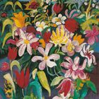 Eine bunte Illustration von Blumen mit kräftigen Farben und verschiedenen Blütenformen und -größen.