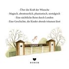 Texte über Wünsche und Magie. Illustration: Tor des London Zoo, fliegendes Pferd, Logo "BOHEM", Bäume im Hintergrund.