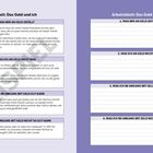 Arbeitsblatt mit zwei Spalten. Links: Text zu Vor- und Nachteilen von Geld. Rechts: leere Linien zum Ausfüllen, mit gleichen Überschriften.