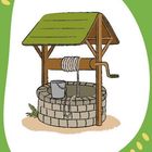 Keine erkennbaren Texte. Illustration eines gemauerten Brunnens mit grünem Dach, Kurbel und Eimer. Grüner Hintergrund.