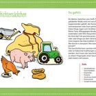 "Geschichtensäckchen" und "So geht's". Illustration: Schubkarre, Sack, Huhn, Schwein, Traktor und Hefezopf auf hellem Hintergrund.