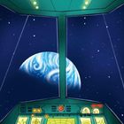 Eine Weltraumillustration zeigt die Erde durch das Fenster eines Raumschiffs mit Bedienelementen und Bildschirmen.