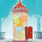 Werbung mit Texten: "MUSIK", "KAUF DAS", "GESUCHT", "NEU". Litfaßsäule, rote Tür, Bananenschale, blaues Himmel, zwei Bäume.