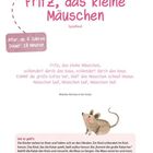 „Fritz, das kleine Mäuschen“ Spiellied ab 4 Jahren, 10 Minuten. Illustration einer Maus, Anleitung für ein Kinderspiel.