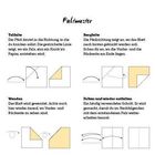 "Faltmuster: Talfalte, Bergfalte, Wenden, Falten und wieder entfalten. Diagramme zeigen Schritte mit Pfeilen und Linien."