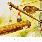 Text: "Mai". Ein Kalenderblatt zeigt eine Illustration mit einem Zwerg, der auf einem Baumstamm steht. Ein Vogel ist in der Nähe.
