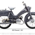 Text "DKW Hummel – 1967" oben. Graues Moped, minimalistisches Design, Kalender Mai unten.