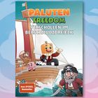 "PALUTEN FREEDOM VERSCHOLLEN IM BERSCHMUDA-DREIECK" ist in kräftigen Farben. Eine fröhliche Cartoonfigur auf einem Schiff.