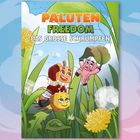 Animationstitel: "Paluten Freedom – Das große Schrumpfen". Drei fröhliche Cartoon-Charaktere im grünen Garten.