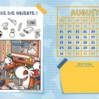 "FINDE DIE OBJEKTE!", Kalender: "AUGUST", Notizen. Illustration eines Klassenzimmers mit Kindern und versteckten Objekten.