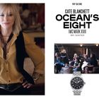 Text: "Cate Blanchett Ocean's Eight IWC Mark XVIII Ref. IW327015". Links eine Frau mit blondem Haar im gelben Hemd.