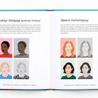 Links: "Niedrige Sättigung", Illustrationen von Personen mit gedeckten Farben. Rechts: "Mittlere Farbsättigung", ähnliche Illustrationen.