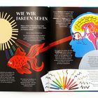 Überschrift: "Wie wir Farben sehen". Links ein roter Fisch, rechts ein Gehirn im Profil mit markierten Teilen.
