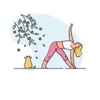 Illustration: Eine Frau in rosa Leggings macht eine Yoga-Pose neben einer sitzenden Katze und blühenden Ästen.