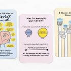 Links: "Warum finde ich das so schwierig?" Fragen um ein gezeichnetes Gehirn. Mitte: Definition mentale Gesundheit, Grafik. Rechts: "5 Säulen der mentalen Gesundheit" mit Illustrationen von Säulen.