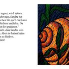 Text über Regen und Freundschaft. Rechts eine bunte Illustration: Eine große orange Spirale und ein grün-gelbes Wesen darunter.