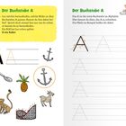 Der Buchstabe A: Finde passende Bilder. Anker, Apfel, Übungsseiten zum Schreiben des Buchstabens. Zeichnungen von Tieren.