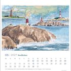 05 | 2027 Nordlichter. Kalenderblatt Mai. Illustration von Leuchttürmen auf felsiger Küste vor maritimer Karte.