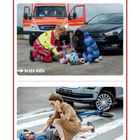 Oben: Rettungskräfte helfen Kind, Auto im Hintergrund.  
Unten: Frau ruft Notruf für verletzten Radfahrer.