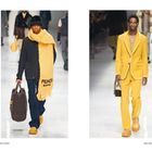 RECHTS: Strick-Look von Fendi mit gelbem Schal. GROSS RECHTS: Anzug in Gelb. UMSEITIG: Regenmantel mit Fendi-Logo.