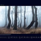 02 Februar. Ein nebliger Wald mit verdrehten Bäumen und trockenem Gras. Unten ist ein Monatskalender für Februar.